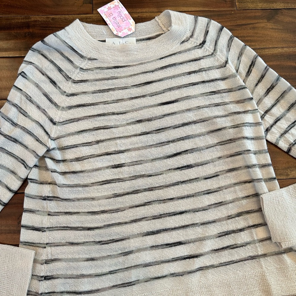 A.L.C. 100% Japanese Yarn Wool 2012 Black/Cream Striped Crew Neck Sweater Sz L - Picture 2 of 6